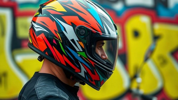 Vibrant affordable motorcycle helmet worn against graffiti backdrop.