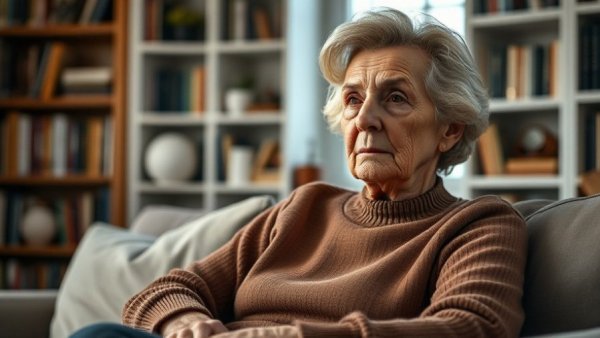 Older woman contemplative in living room, reflecting on financial crisis overspending