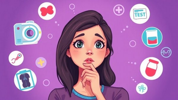 Cartoon of woman thinking about medical test risks and benefits.