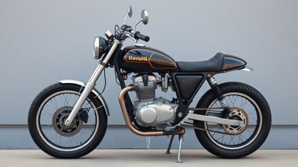Sleek Kawasaki W650 street tracker motorcycle, side profile view.