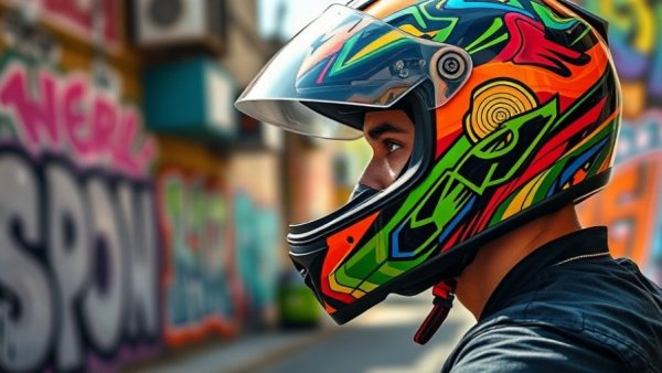 Airoh Connor motorcycle helmet with colorful design on street background