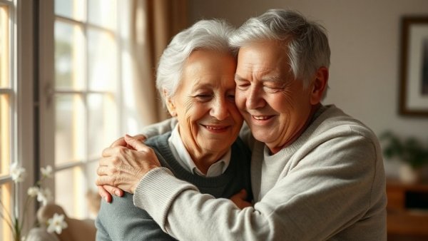 Elderly couple embraces warmly, reflecting love and care in a cozy home.