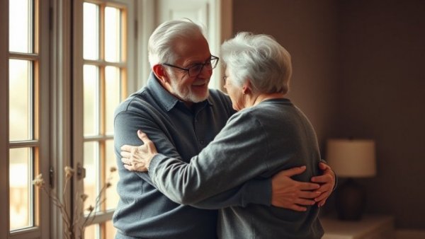 Elderly couple tenderly embracing, illustrating family dynamics.
