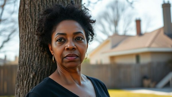 African American woman supports Medicare for All, backyard scene.