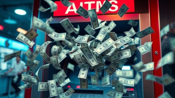 ATM ejecting bills in vivid lighting, highlighting financial insecurity.