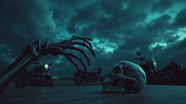 Eerie scene with skeletal hand and motorcycles under night sky.
