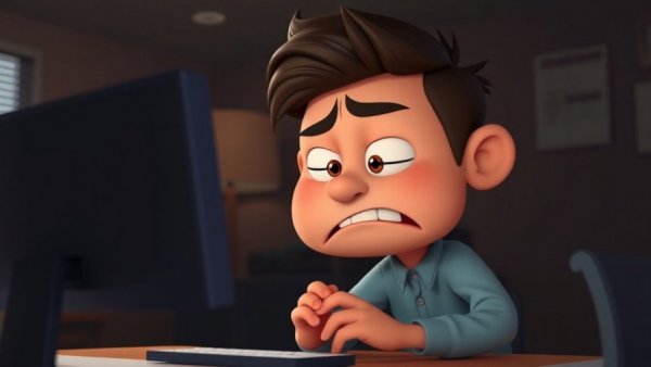 Frustrated cartoon character at computer struggling with relatable daily life task.