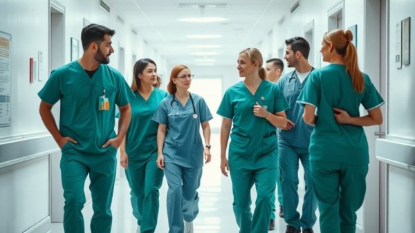 Healthcare professionals discussing in a hospital corridor for outpatient care