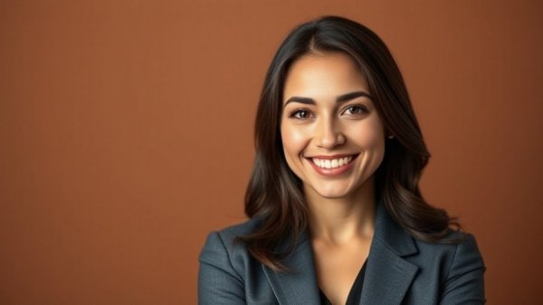 Professional woman in a suit smiling confidently