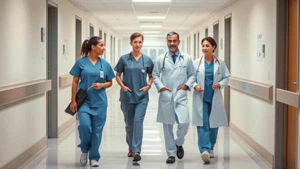 Healthcare professionals in a hospital corridor highlighting outpatient shift in healthcare