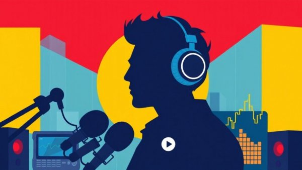 Stylized illustration of media elements in broadcasting theme