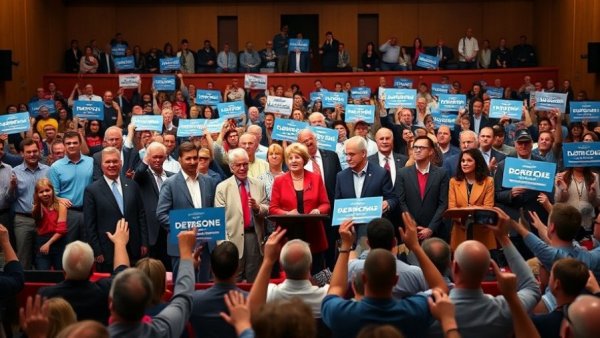 Politicians at Medicare for All rally holding hands on stage.