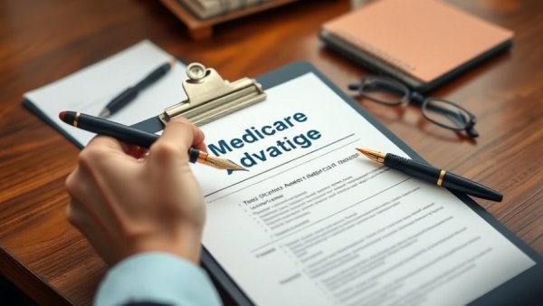 Medicare Advantage document held on a clipboard with pen and glasses.