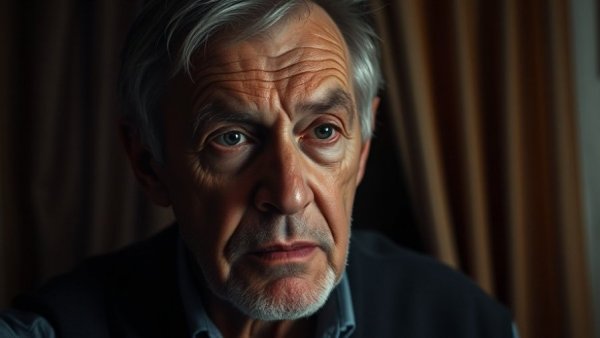 Older man with focused expression in a dimly lit room, vaccine injury research.