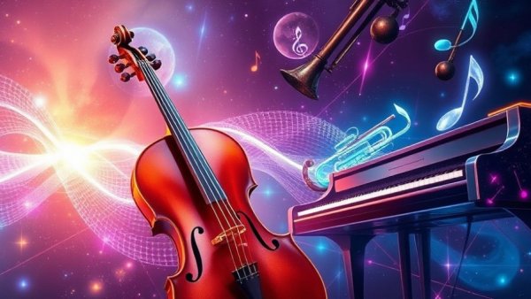 Musical instruments merged with quantum elements in a vibrant digital art
