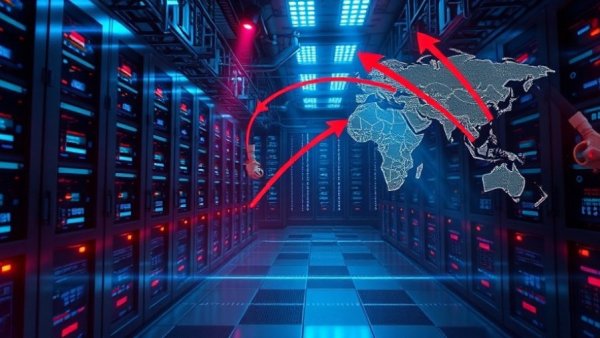 AI technology smuggling concept with server room and data map.