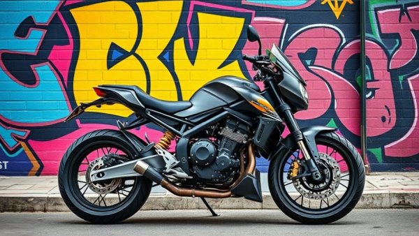Flax-fiber Buell S1 tribute motorcycle with vibrant mural.