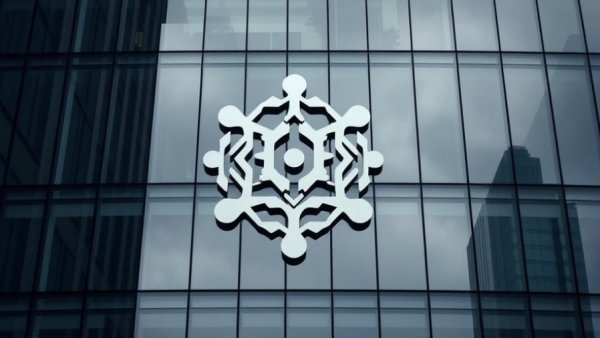Stylized AI logo on building facade with overcast sky, abstract tech theme.