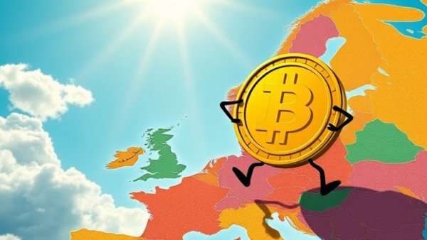 Cartoon USDC coin stepping over Europe, MiCA classification concept.