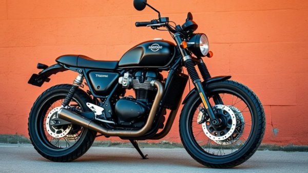 Custom Triumph T120 Scrambler with black finish against an orange wall.