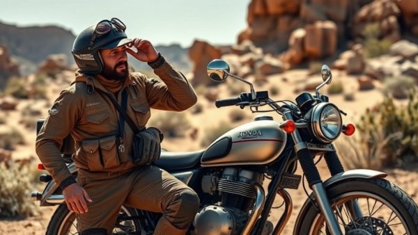 Man adjusting helmet beside Honda motorcycle in desert, showcasing Honda engine design.