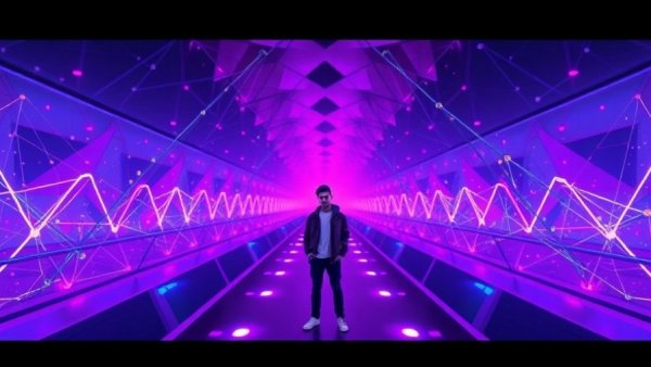 Futuristic art of man on polygon bridge representing digital networks.