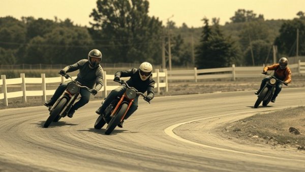 Historic flat track motorcycle race, riders on dirt track.