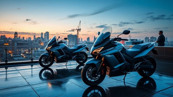 Can-Am Electric Motorcycles on rooftop with cityscape backdrop.