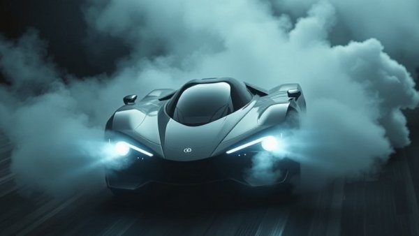 Futuristic flying car taking off with smoke, flying car innovations.
