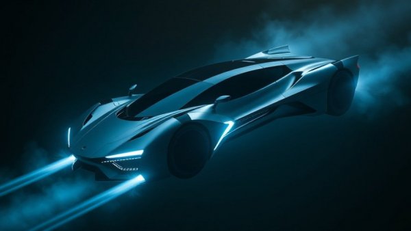 Futuristic Tesla flying car demonstration with engines emitting vapor.