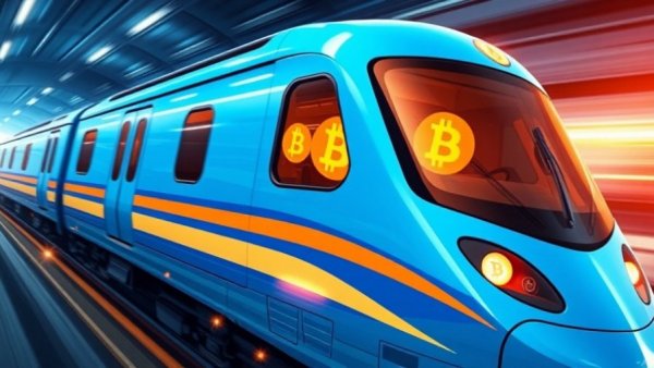 Futuristic train with Bitcoin symbols, illustrating MSCI index exclusion rules strategy.