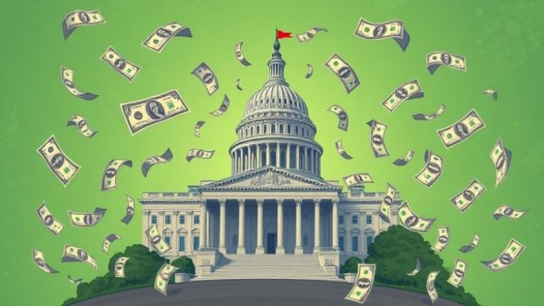 Illustration of dollar bills flying around US Capitol, Crypto PAC Spending Against Sherrod Brown