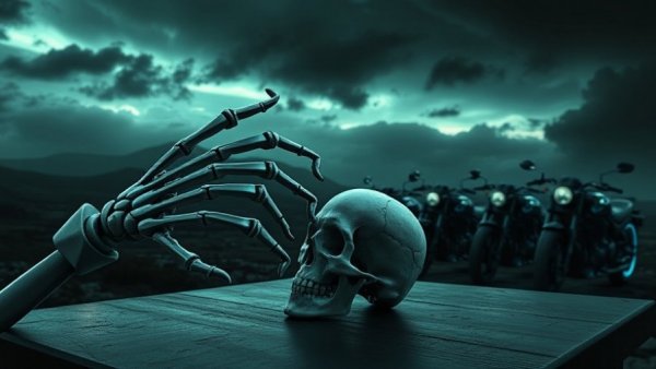 Eerie scene with skeleton hand and motorcycles conveying accountability theme.