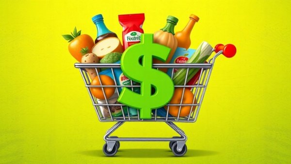 Colorful grocery cart scene with dollar sign, representing investment.