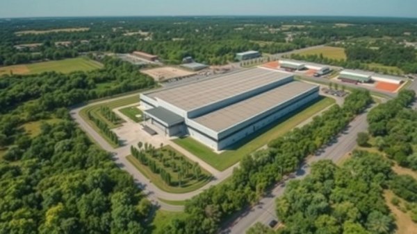 Aerial view of modern facility in green area, Herbal Dispatch Ontario Expansion