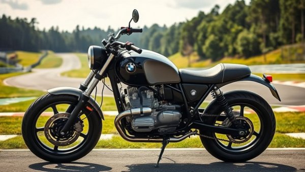 Sleek BMW R 100 café racer parked on a sunny racetrack.