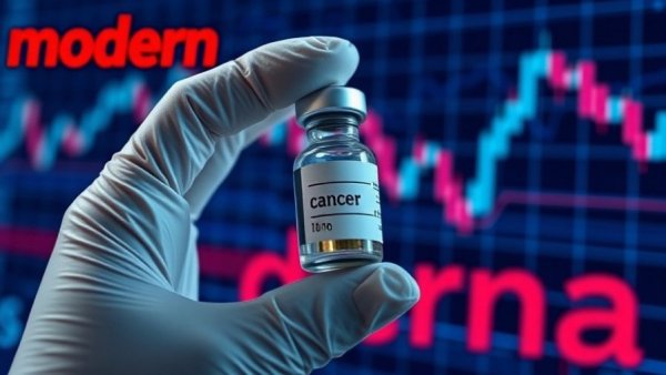 Moderna cancer vaccine vial against stock market chart.