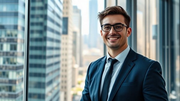 Young professional man in a suit smiling with cityscape background