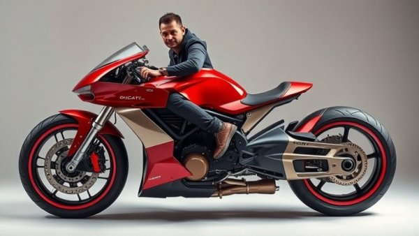 Futuristic Ducati-powered custom motorcycle with male rider in studio.