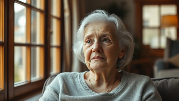 Thoughtful elderly woman considering inheriting partner's home.