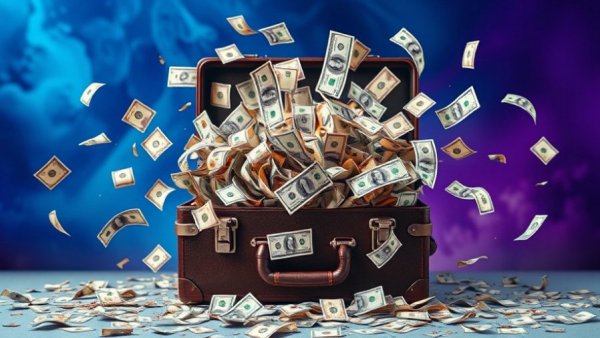 Ponzi schemes promising high returns visualized with money flying out of a briefcase.