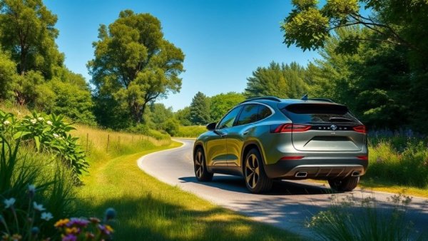 Light gray electric SUV on a scenic road surrounded by nature.