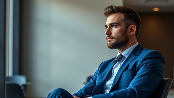 Man in blue suit dominating personal injury marketing confidently.
