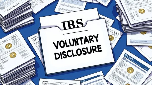 Cartoon of crypto tax documents and IRS disclosure folder
