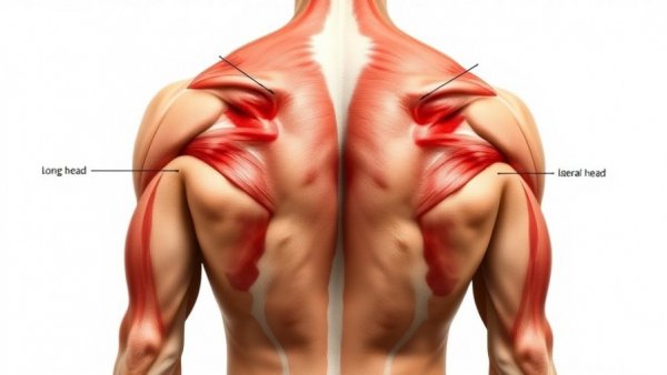 Annotated triceps heads on male back, muscle anatomy
