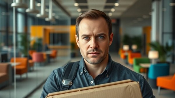 Office worker carrying belongings after being fired, modern office.
