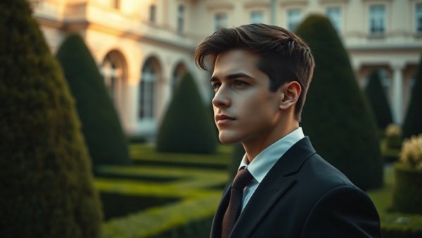 Young man in suit contemplating in garden, golden hour lighting