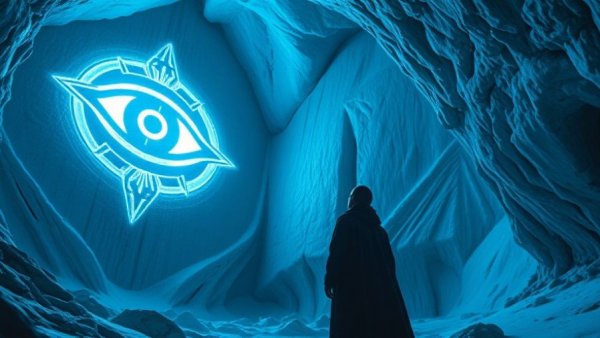 Futuristic sci-fi scene with man observing glowing symbol, reminiscent of cryptocurrency themes.