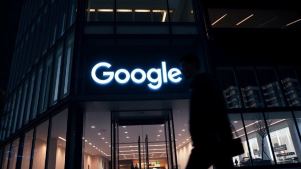 Google privacy policy update at night; office exterior with logo.