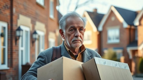 Elderly man with boxes pondering financial security.
